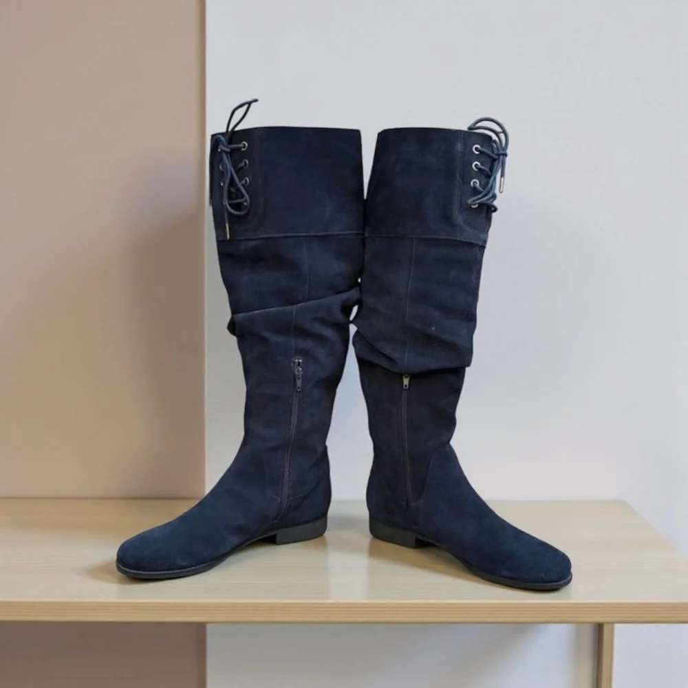 Matisse Camilla Navy Suede Tall Over The Knee Slouch Boots Lace Up 9W